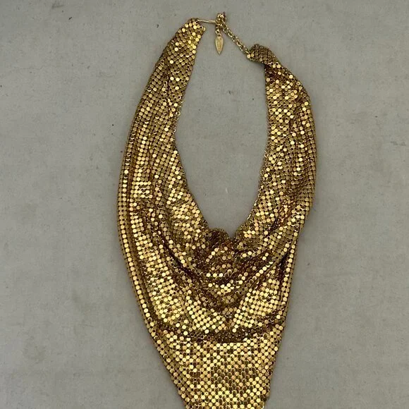 Vintage Signed Whiting & Davis Gold Tone Mesh Bib Necklace - Picture 4 of 7
